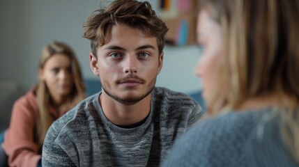 Fototapeta premium Caucasian Man with Blue Eyes and Beard Engaged in Marriage Therapy Session with Three People