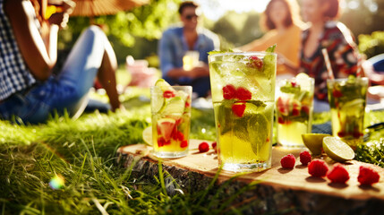 Naklejka na ściany i meble Mojito cocktail served on picnic, beautiful countryside, relaxing people in background