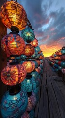 Pixie lanterns, twilight festival, pixie celebration scene, lantern glow, festive spirits, magical light - obrazy, fototapety, plakaty