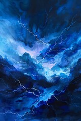 Lightning storm, electric blues, watercolor, jagged strikes, dark background, dramatic angle