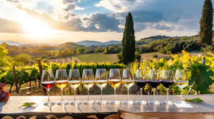 Naklejka premium Wine tasting on summer patio, warm sunny weather, vineyards in the background