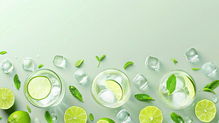 Flat lay template, frame with peppermint and limes on green background, Mojito cocktail