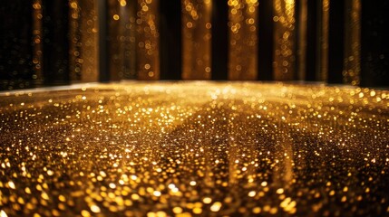 Shimmering Splendor: Close-Up of Golden Glitter or Confetti on Reflective Surface