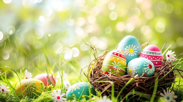 Vibrant Easter Eggs Basket in a Lush Garden