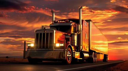 Golden Horizon: Majestic Semi-Truck on Sunset Road