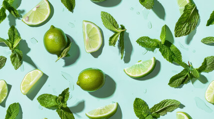Seamless flat lay background with limes and mint on light blue background