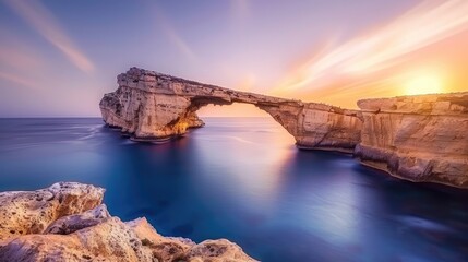 Serene Sunset Coastal View with Rock Formation and Bridge