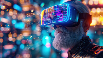 Old man getting new experiences with virtual reality gadget - obrazy, fototapety, plakaty