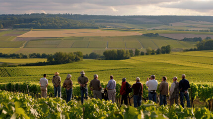 Tourists walking on a vineyard
