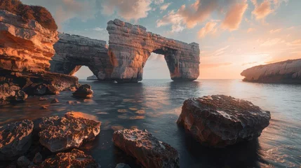 Poster Coastal Majesty: Natural Stone Bridge at Sunrise/Sunset © Volodymyr Skurtul