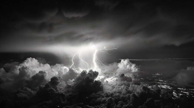 Aerial view. Black and white photography of the lightning storm, dark with clouds. Landscapes photography