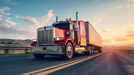 Serene Journey: Majestic Semi-Truck Illuminated by Golden Sunrise