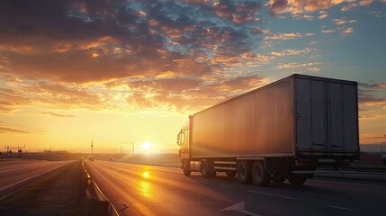 Majestic Semi-Truck Driving Through Golden Sunset