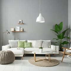 Modern living room interior with white sofa, green cushions, wooden coffee table, and decorative plants. Neutral tones and minimalist style.