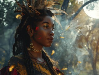 A woman with a feather headdress and red face paint. She is standing in front of a tree with smoke coming out of it