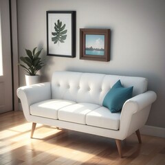 A stylish living room featuring a white sofa with blue cushions, framed artwork on the wall, and a potted plant beside the sofa.