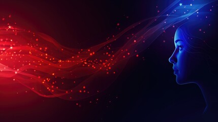 Silhouett of a female blue robotic profile head against red and blue glowing shimmering light for artistic celebration background