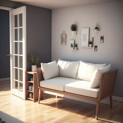 Modern living room with a stylish white sofa, wooden bookshelf, and decorative plants. Sunlight filters through an open door.