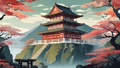 Fototapeta premium Japanese traditional abstract art illustration with an antique temple in red