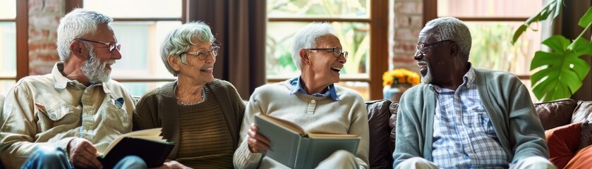 A group of seniors are sitting in a living room, talking and laughing.