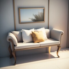 Elegant white sofa with decorative pillows in a stylish living room, framed by soft sunlight and a wall art piece.