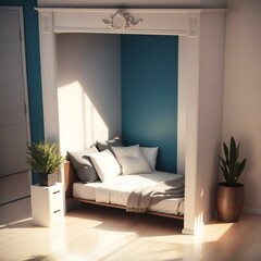 Cozy nook with a built-in bed surrounded by white walls, featuring soft bedding, a small plant on a bedside table, and a larger plant in a corner.