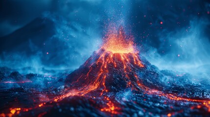 Erupting volcano illuminated in captivating blue light creating a magical landscape - obrazy, fototapety, plakaty