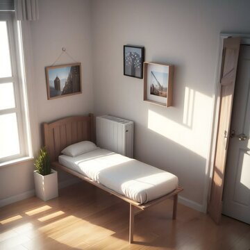 A serene bedroom with a single bed, framed pictures on the wall, and a plant beside a radiator, bathed in natural sunlight.