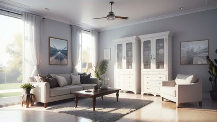 Elegant living room with natural light, featuring white sofas, wooden furniture, and decorative curtains.