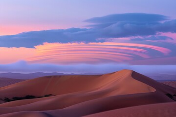 Fototapeta na wymiar Minimalist desert, artistic cloud patterns, documentary to magazine style, twilight lighting, panoramic view