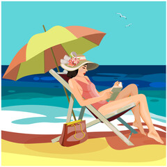 Girl reading a book on a sun lounger on the beach