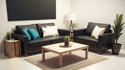 Modern living room interior with a black sofa, colorful pillows, wooden coffee table, and decorative plants.
