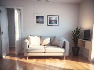 Modern living room with a white sofa, wall art, and a potted plant in a sunlit space.