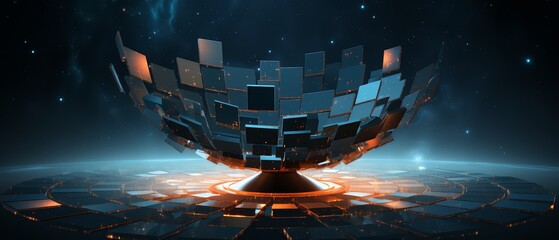 Realistic 3D illustration of dark squares evolving into a geometric satellite dish, - obrazy, fototapety, plakaty