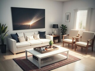 Modern living room with a large sofa, two armchairs, and a wall-mounted TV displaying a space scene. Bright and airy ambiance with natural light.