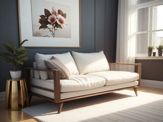 Elegant living room interior with a modern sofa, wooden side table, and a large floral artwork on a dark wall.