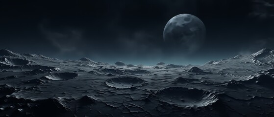 Realistic 3D moon surface with geometric craters, minimalist dark style,