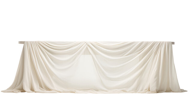 white silk fabric draped long wedding table on an isolated background