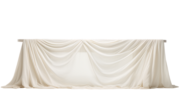 white silk fabric draped long wedding table on an isolated background