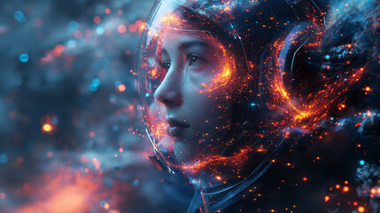 A deep space mystery female figure made up of galaxies, solarpunk, modern, futuristic, realistic, 8k