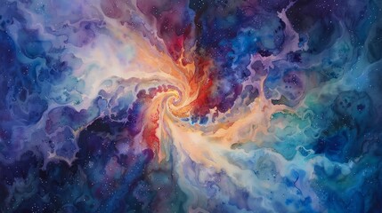 Nebula star, swirling colors, watercolor, blues and purples, central bright spot, dreamy diffusion