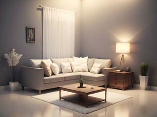 Elegant living room interior with a beige sofa, wooden furniture, and soft lighting, creating a cozy and stylish atmosphere.