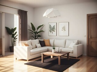 Modern living room interior with white sofa, wooden coffee table, and botanical artwork on the walls.