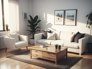A modern living room with natural light featuring a white sofa set, wooden coffee table, and indoor plants.