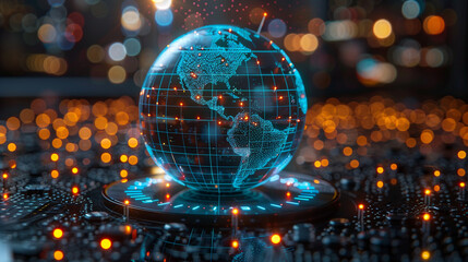 The digital world is centered on the USA, the concept of a global network and connectivity on Earth, data transfer and cyber technology, information exchange, and international telecommunication