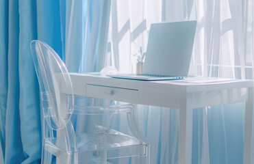 A white desk with an open laptop, a transparent plastic chair, a light blue and sky background, a minimalist style