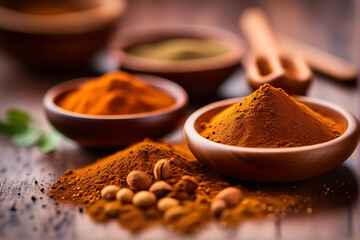 Indian Garam Masala Powder, Indian spices. Selective focus. Masala Powder is used to prepare Pav Bhaji, biryani and curry. Best for Indian popular street food. AI Generated.