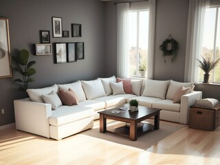 Modern living room with a large white sectional sofa, wooden coffee table, and decorative plants. Sunlight streams through the windows, creating a warm, inviting atmosphere.