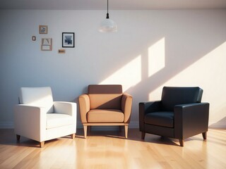 A modern living room with three stylish chairs, wooden floor, and sunlight casting shadows on the wall.