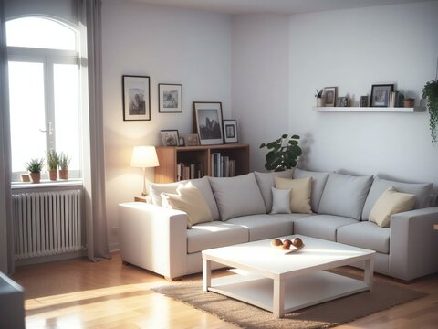 Bright and cozy living room with a large white sofa, wooden floor, and framed pictures on the wall.